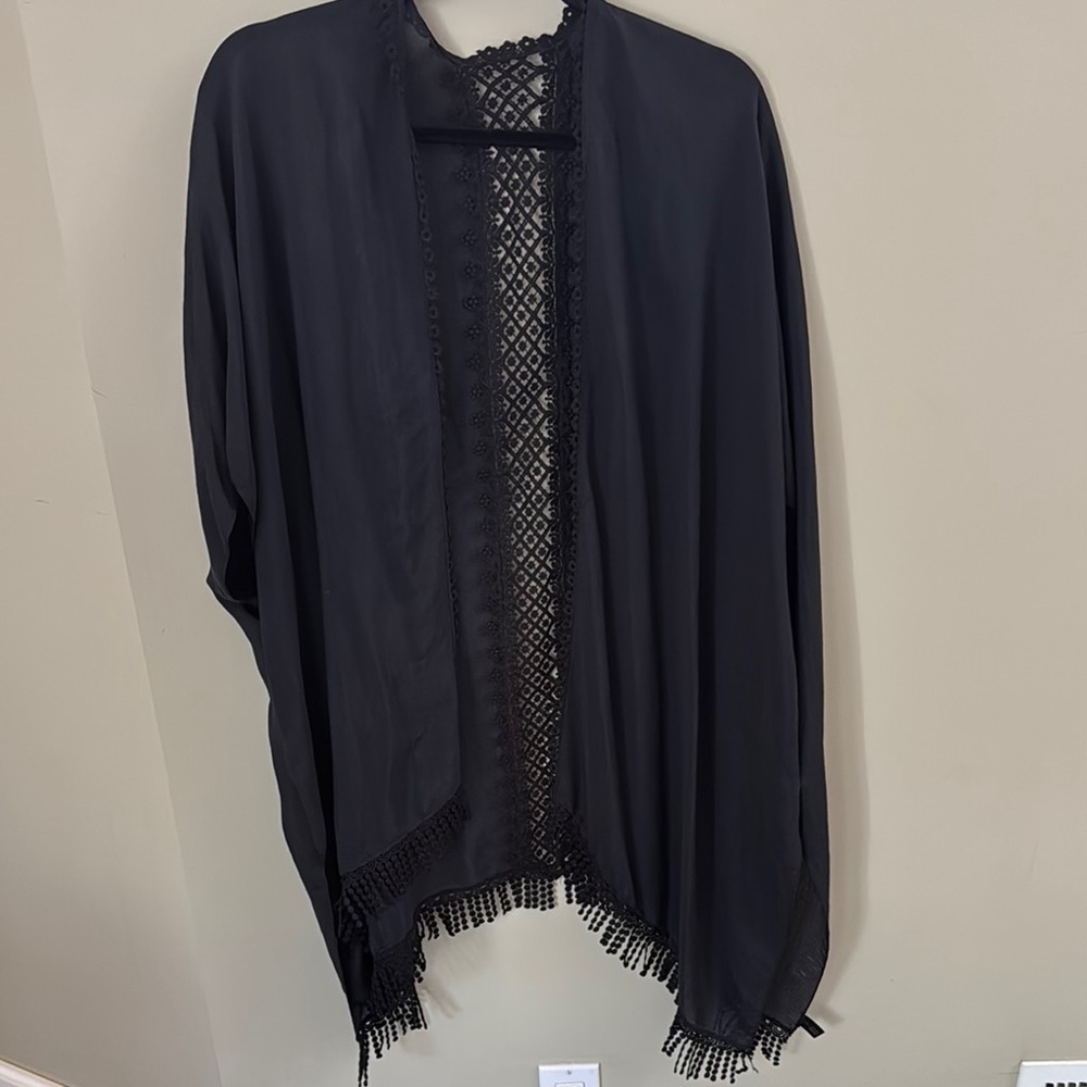 Black Open Front Kimono with Lace Trim
